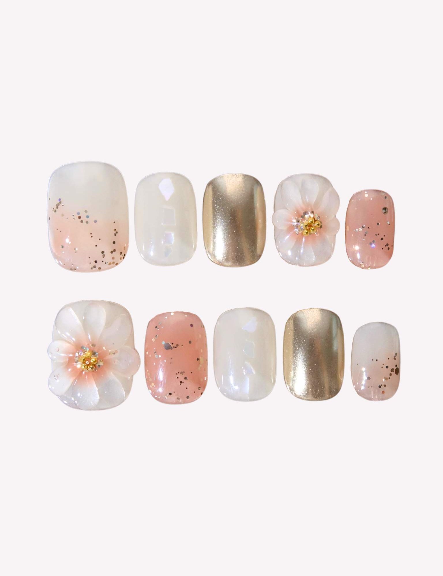 Floral Fantasy - Ersa Nails White Pink Gold PressOnNails