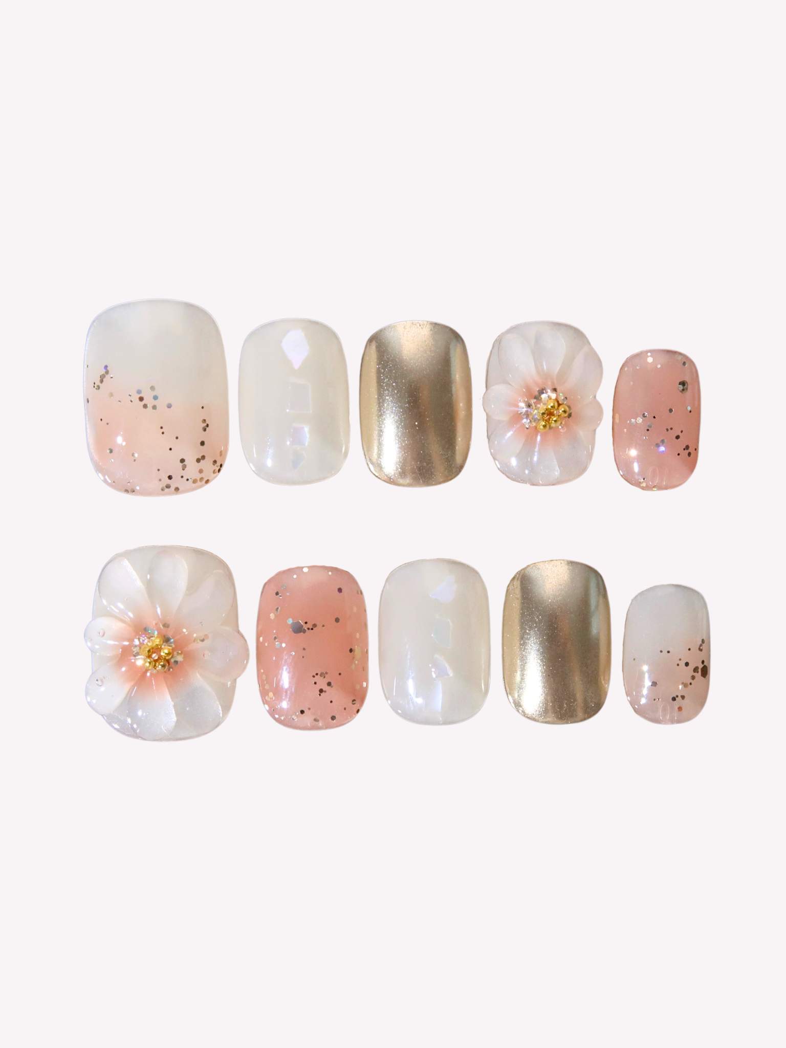 Floral Fantasy - Ersa Nails White Pink Gold PressOnNails