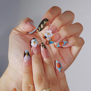 Floral Romance - Ersa Nails Nude Gold Blue PressOnNails