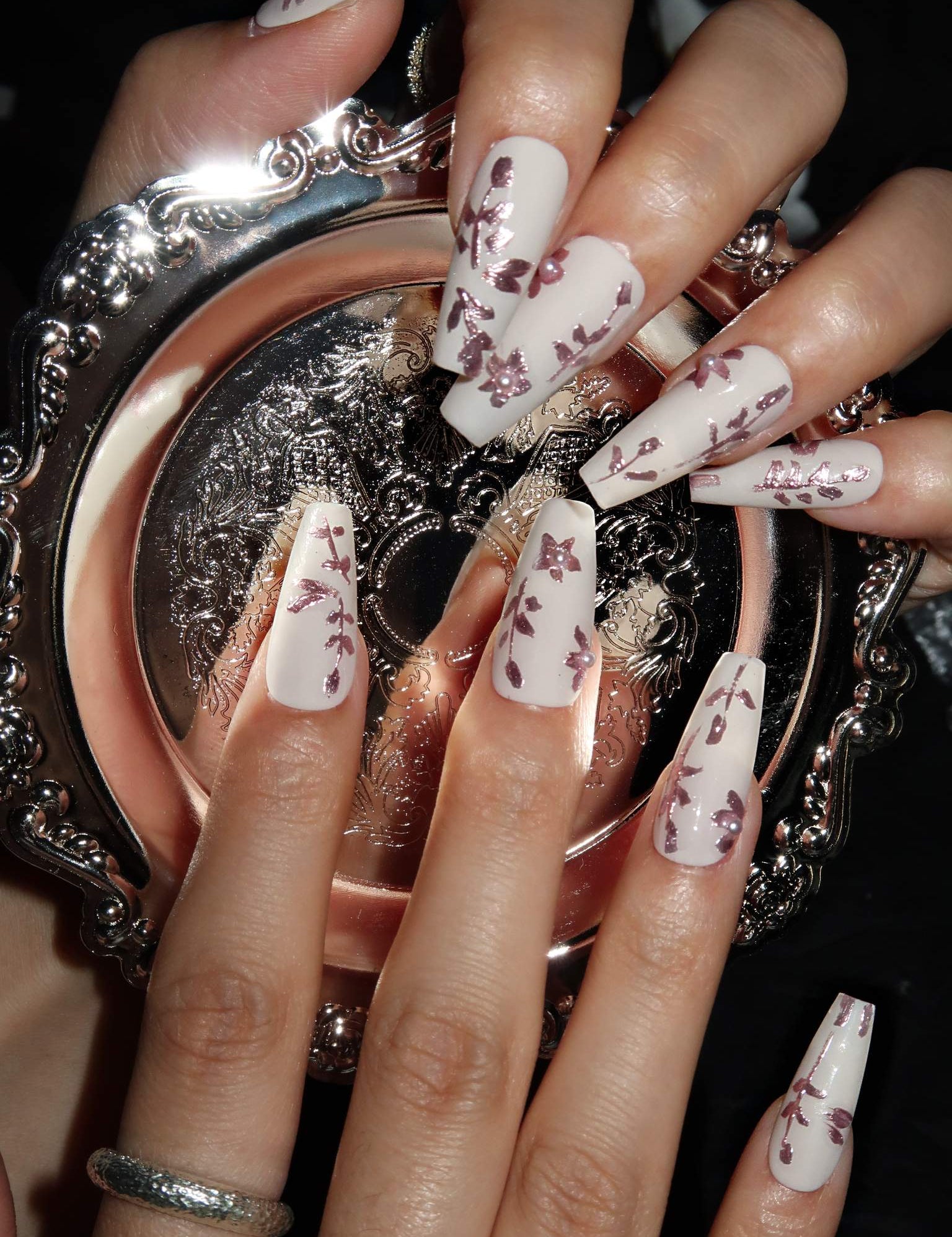 Flower Dance  - Ersa Nails White Med Coffin PressOnNails