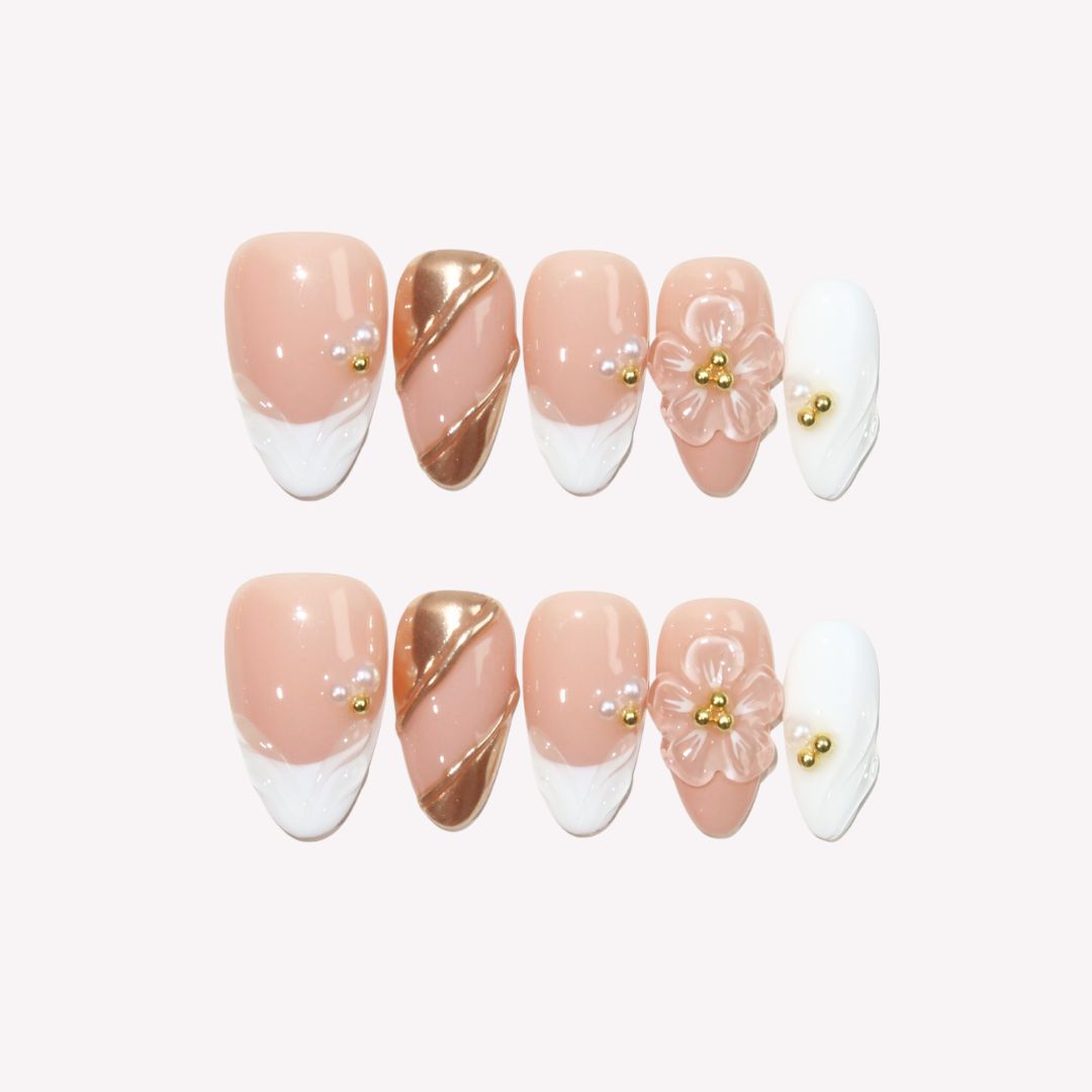 Flower Hour - Ersa Nails Nude White Gold PressOnNails