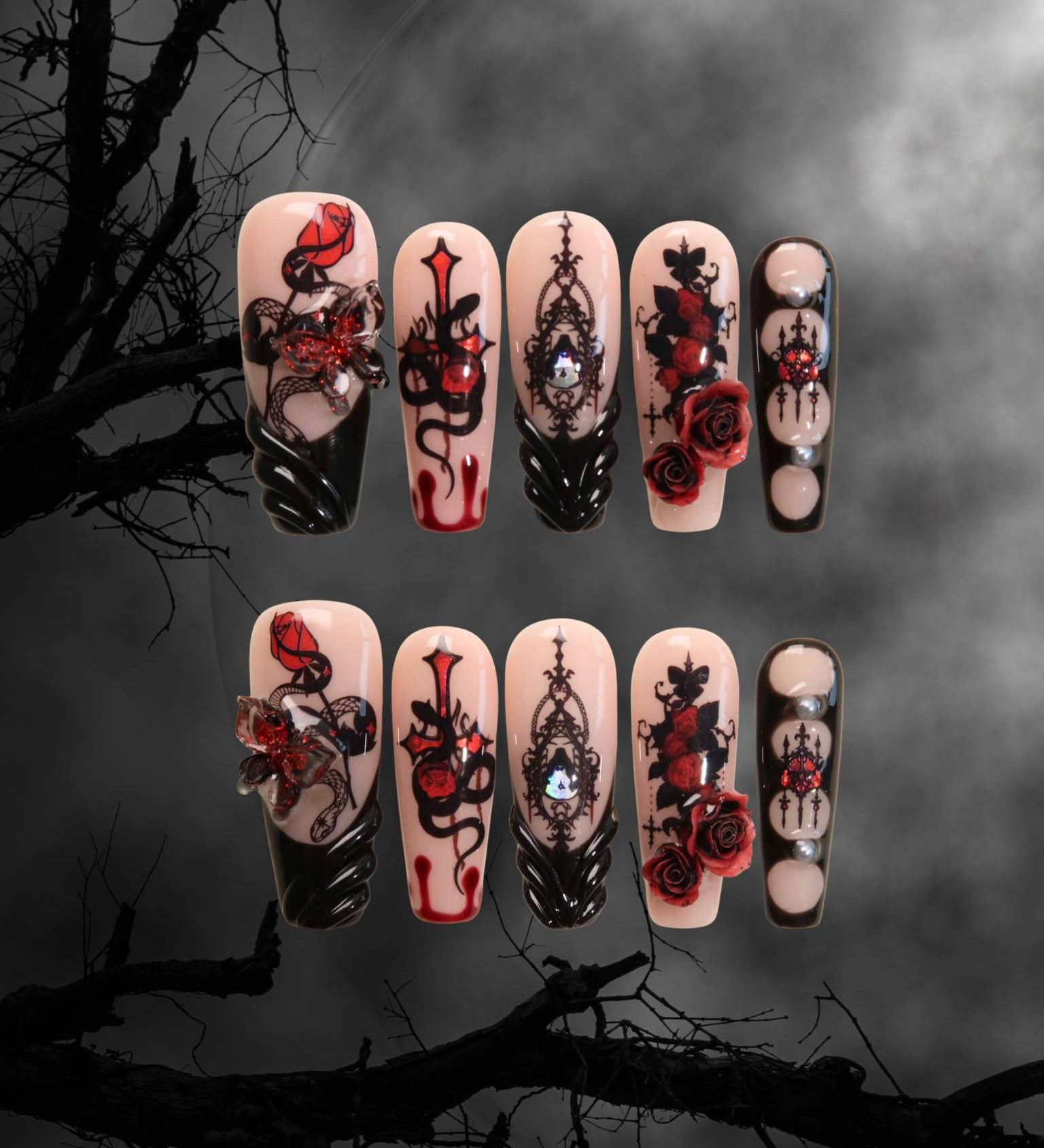 Flower of Revenge - Ersa Nails Nude Black Red PressOnNails