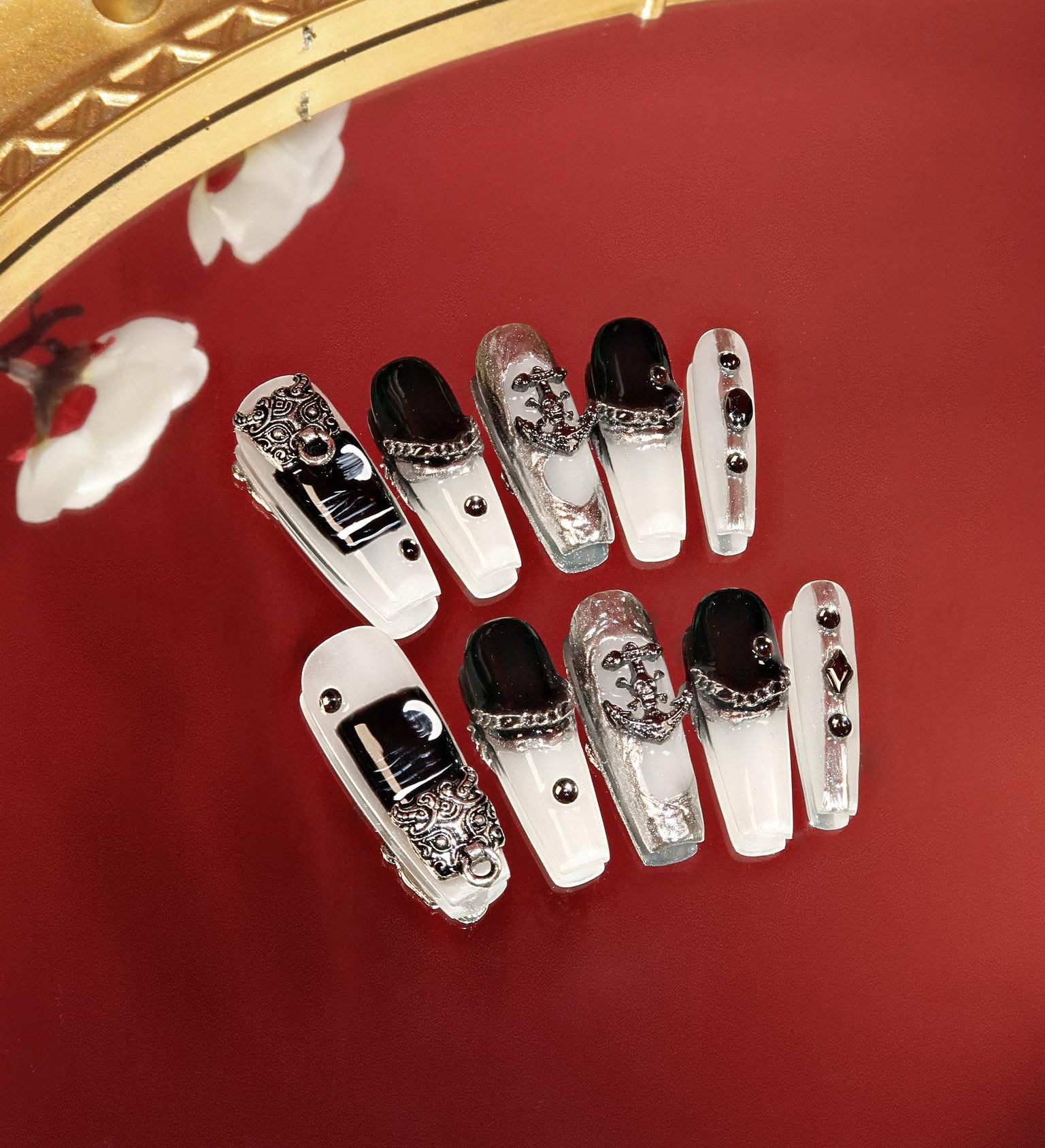  Folklore - Ersa Nails  Black White Long Coffin PressOnNails