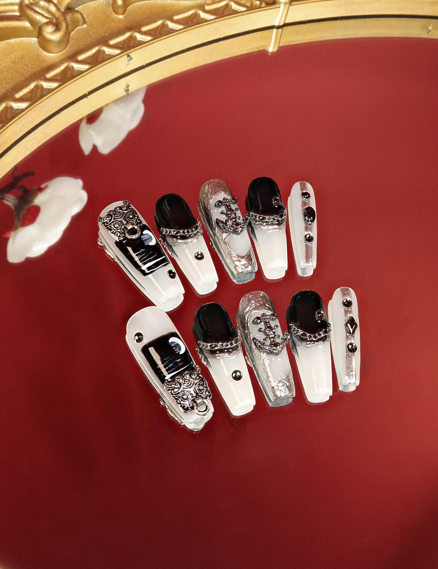  Folklore - Ersa Nails  Black White Long Coffin PressOnNails