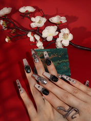  Folklore - Ersa Nails  Black White Long Coffin PressOnNails