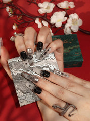  Folklore - Ersa Nails  Black White Long Coffin PressOnNails