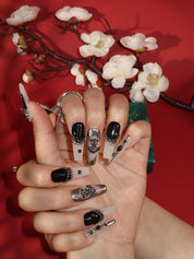  Folklore - Ersa Nails  Black White Long Coffin PressOnNails