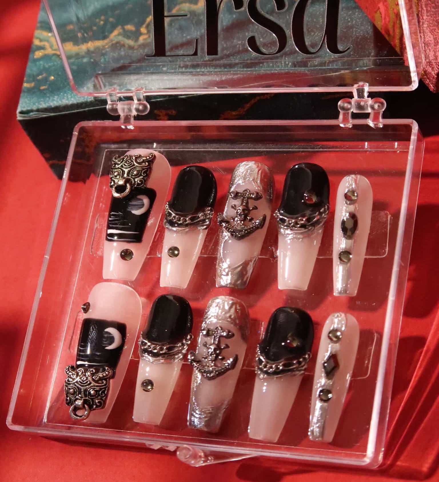 Folklore - Ersa Nails  Black White Long Coffin PressOnNails