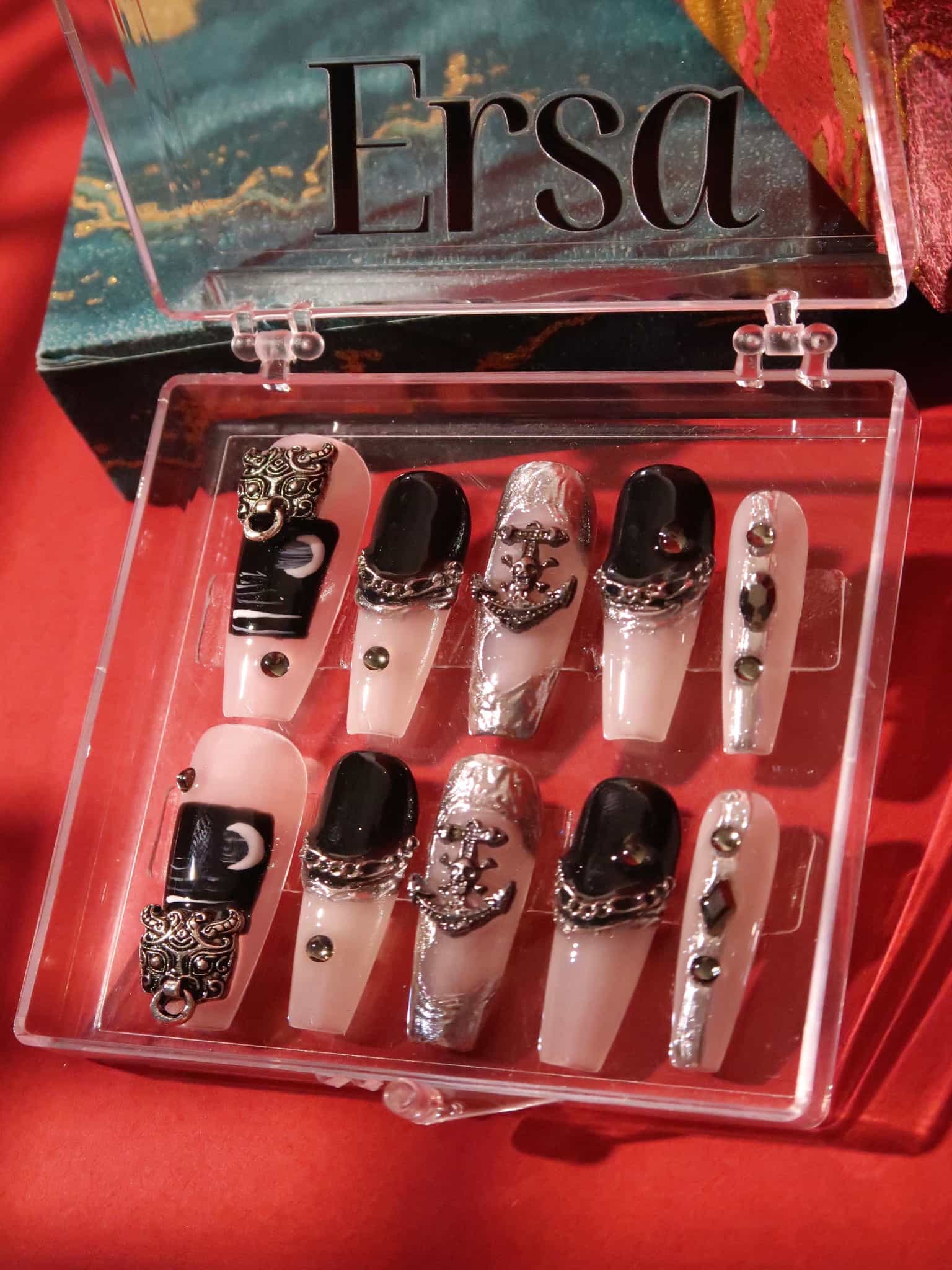 Folklore - Ersa Nails  Black White Long Coffin PressOnNails