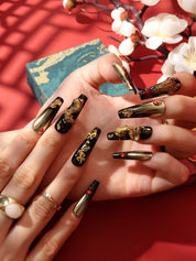 Gildenfire Dragon - Ersa Nails Black Gold Long Coffin PressOnNails