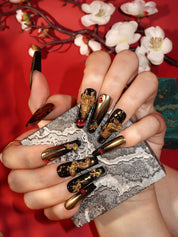 Gildenfire Dragon - Ersa Nails Black Gold Long Coffin PressOnNails