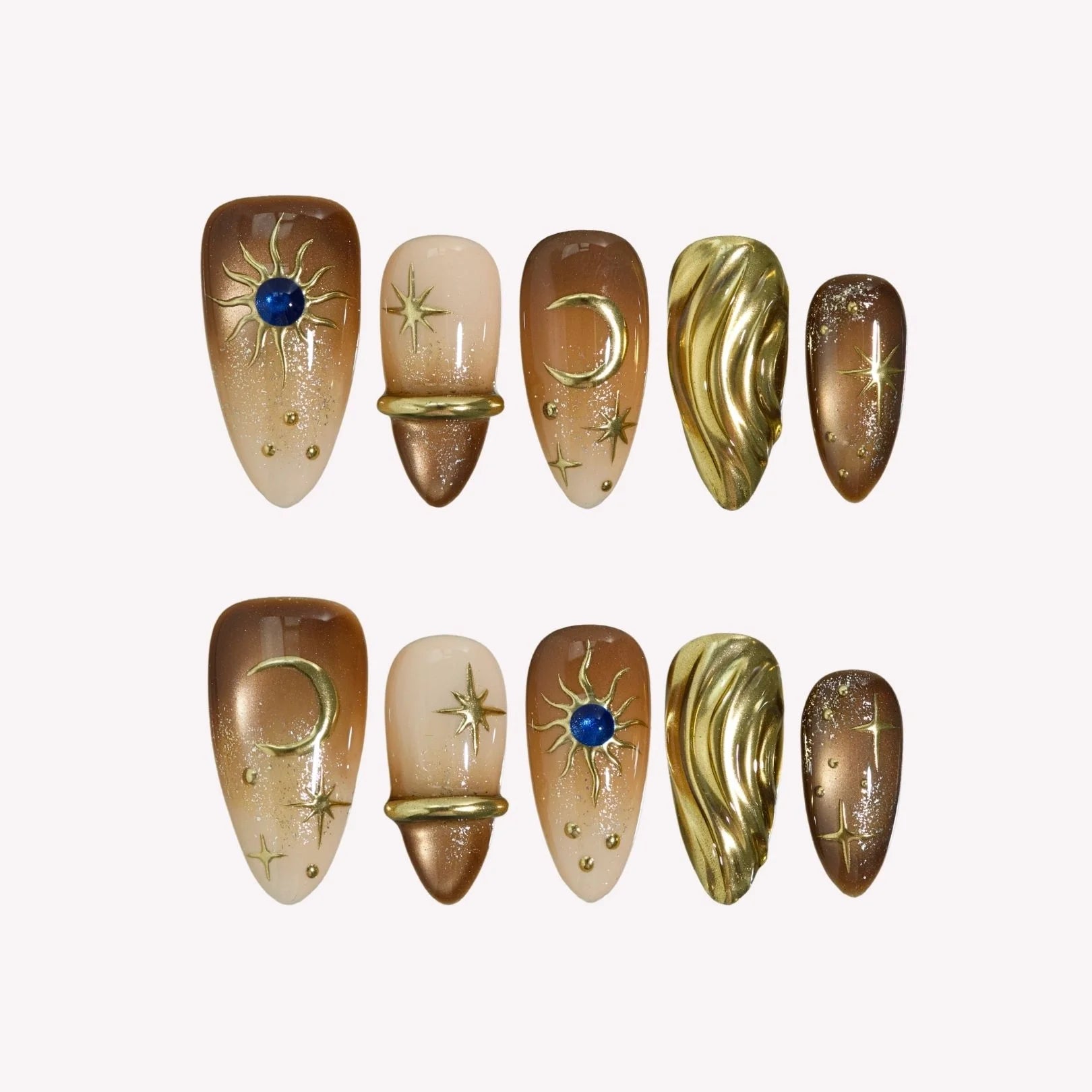 Golden Galaxy - Ersa Nails Gold Brown Nude Medium Almond PressOnNails