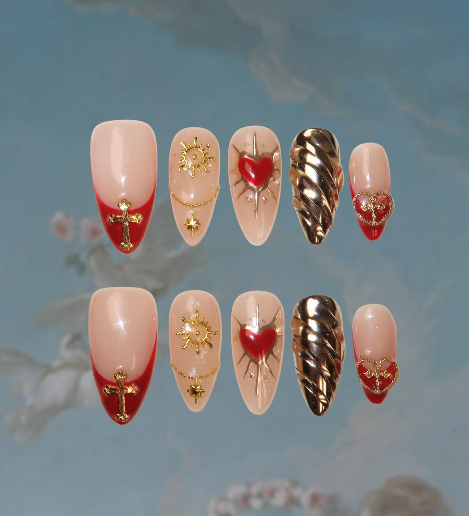 Heart Spike - Ersa Nails Red Nude Almond PressOnNails