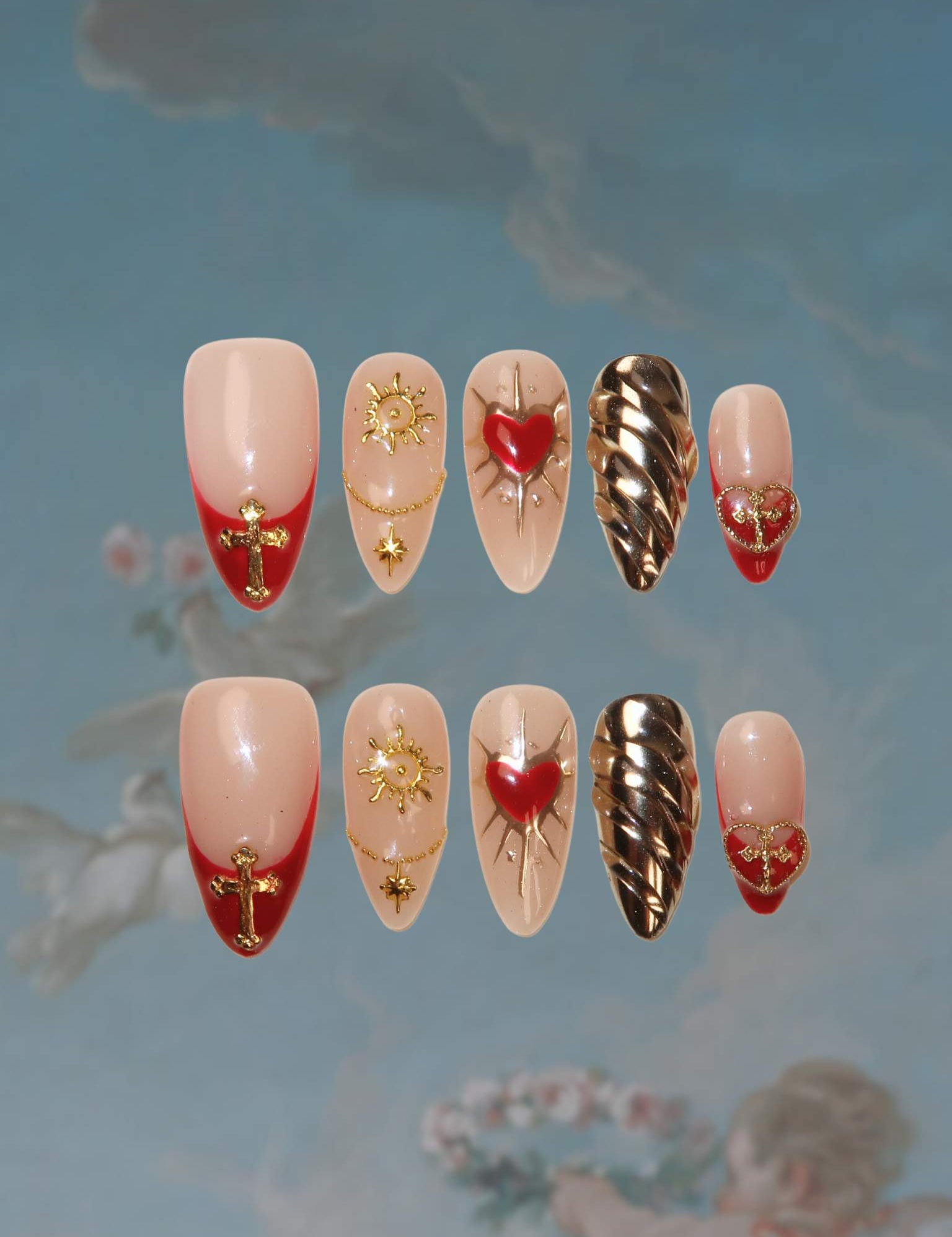 Heart Spike - Ersa Nails Red Nude Almond PressOnNails