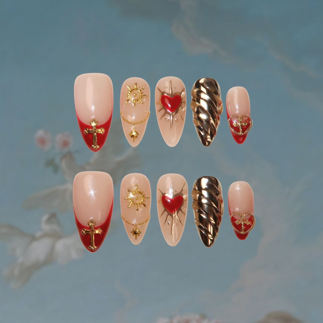 Heart Spike - Ersa Nails Red Nude Almond PressOnNails