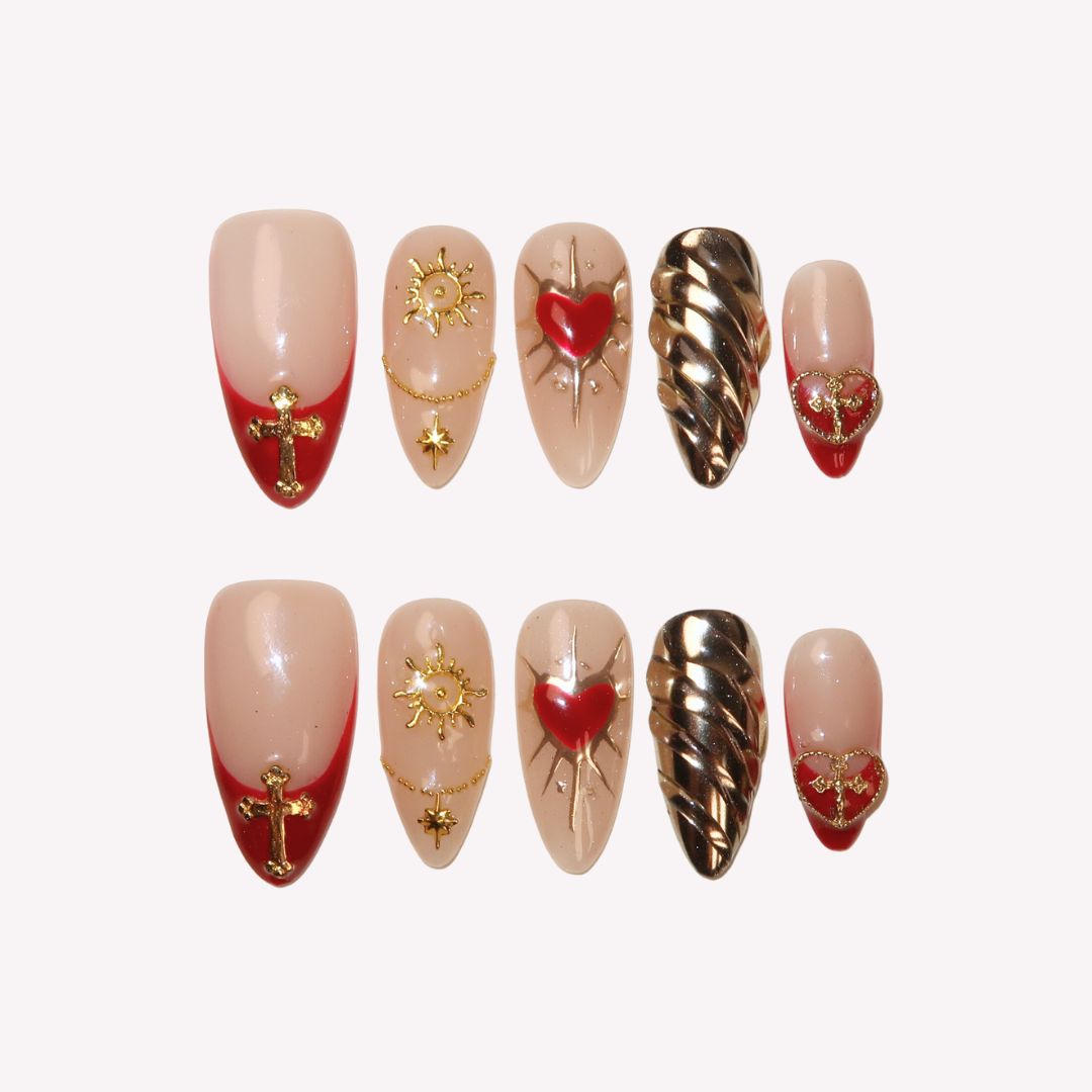 Heart Spike - Ersa Nails Red Nude Almond PressOnNails