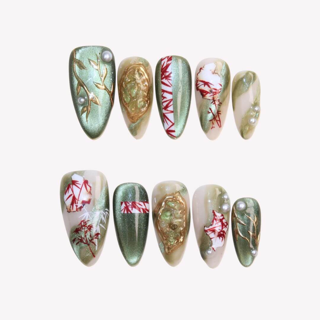 Jade Bamboo - Ersa Nails Jade Gold PressOnNails