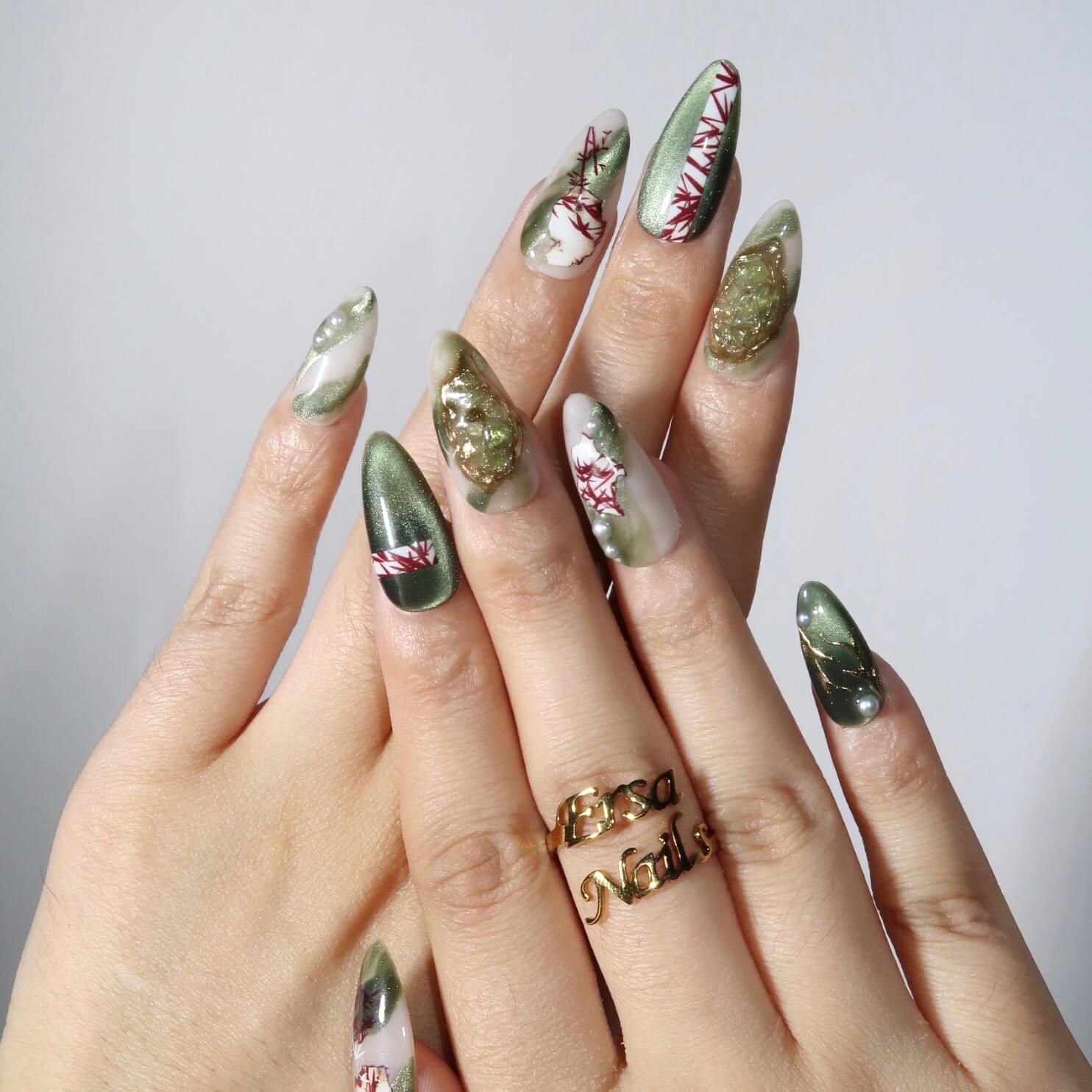 Jade Bamboo - Ersa Nails Jade Gold PressOnNails