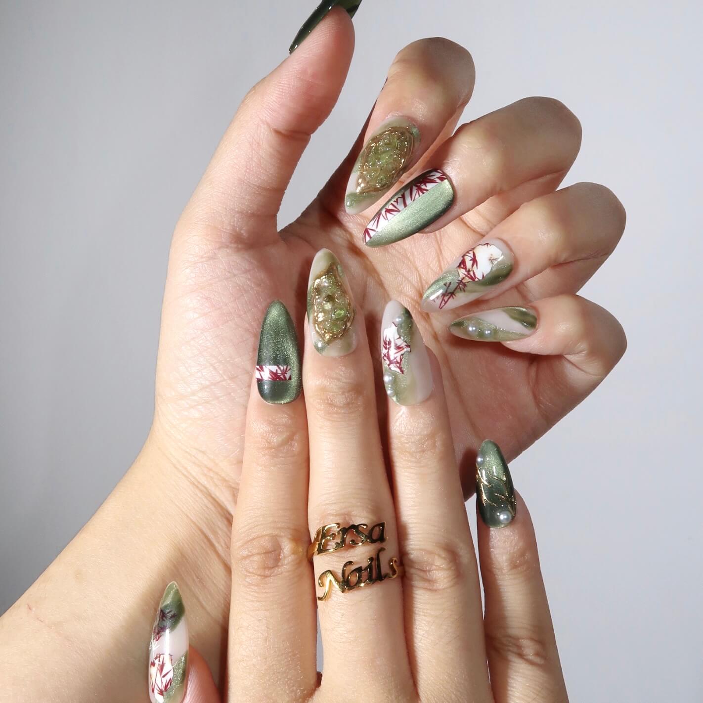 Jade Bamboo - Ersa Nails Jade Gold PressOnNails