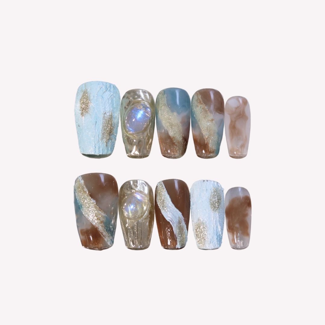 Jupiter - Ersa Nails Blue Gold Short Coffin PressOnNails