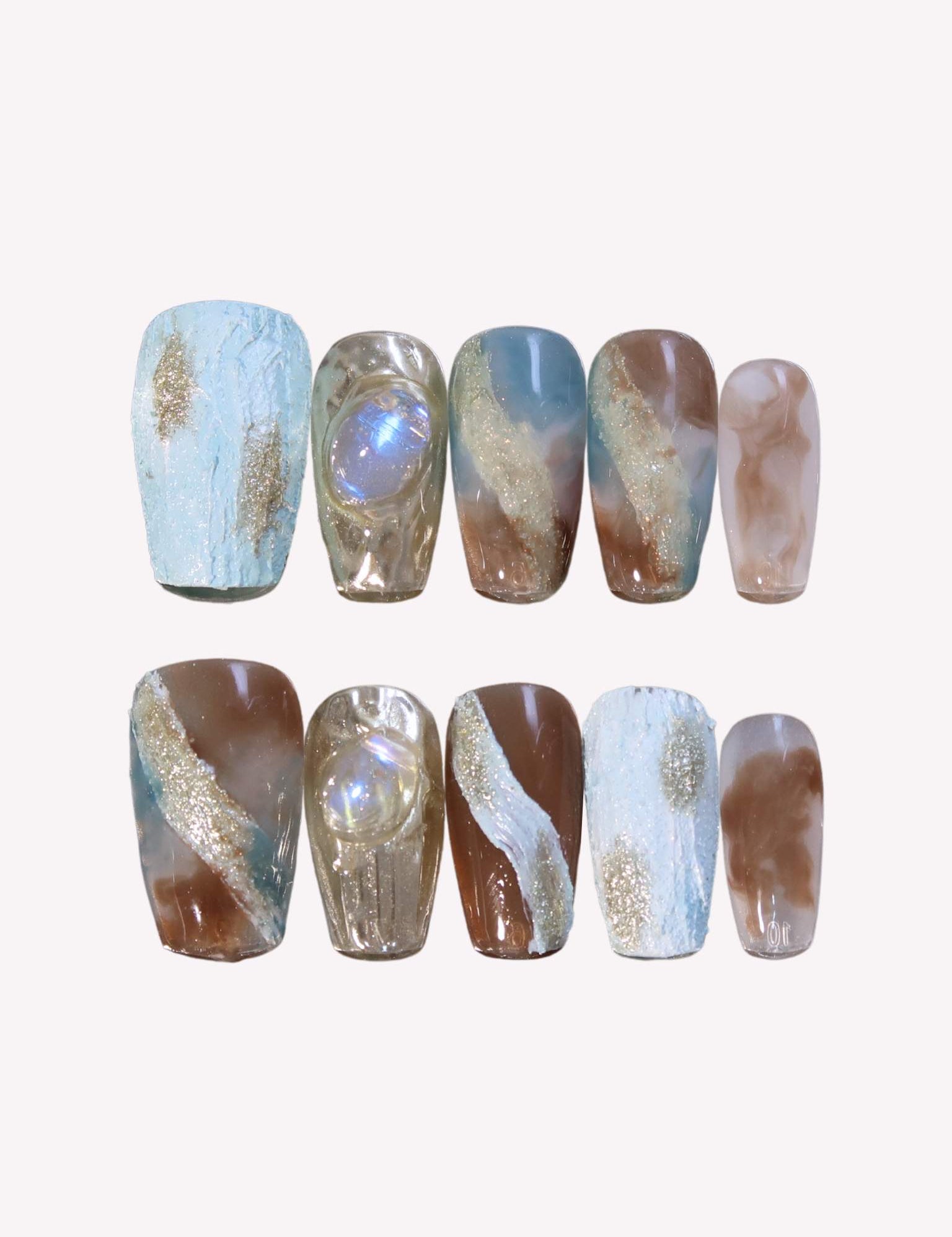 Jupiter - Ersa Nails Blue Gold Short Coffin PressOnNails