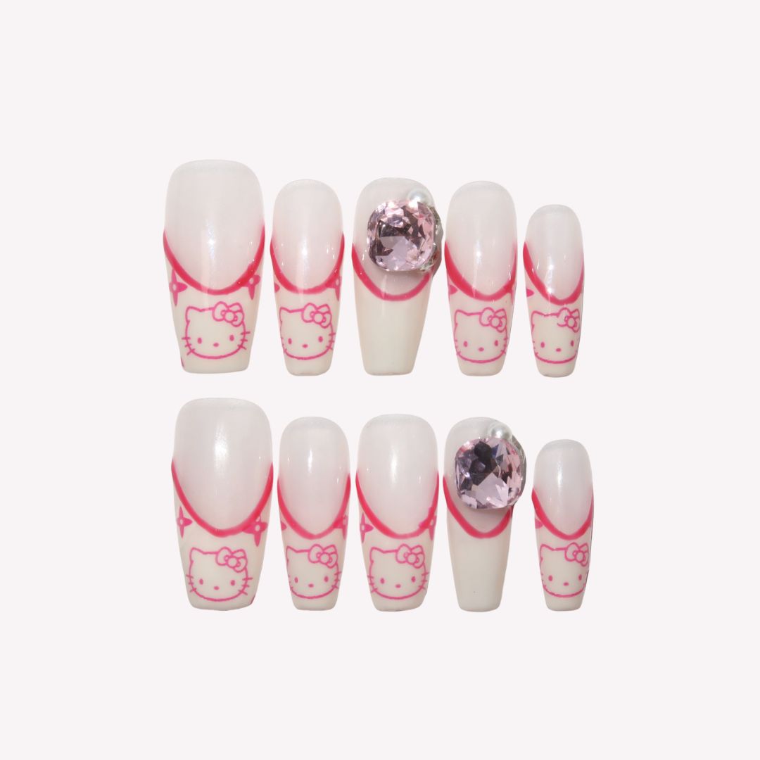 Kitty Whimsy - Ersa Nails White Pink PressOnNails