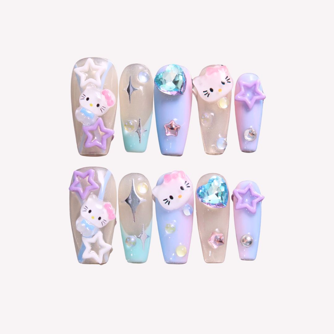 Kitty's Fairyland - Ersa Nails Purple Blue Medium Coffin PressOnNails