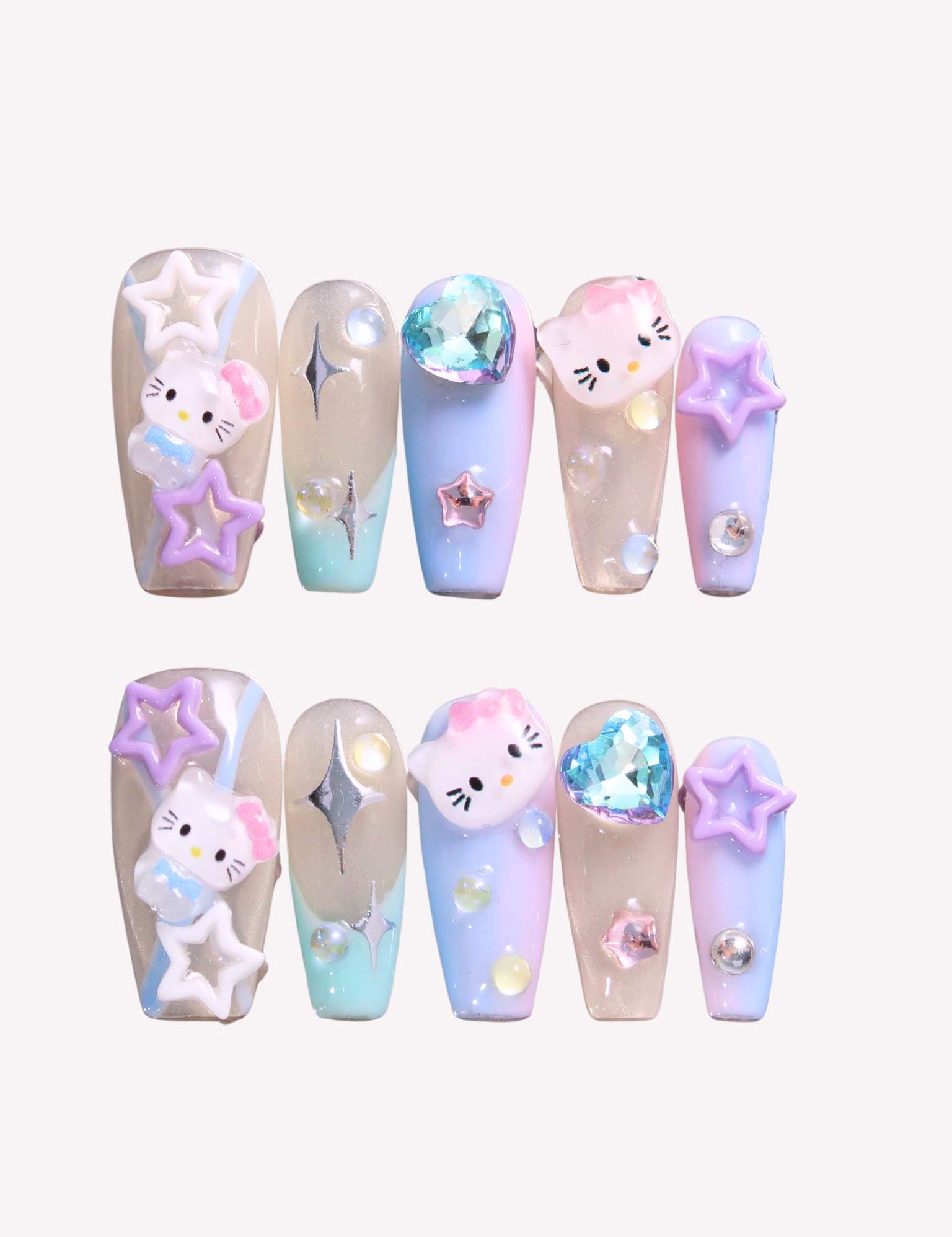 Kitty's Fairyland - Ersa Nails Purple Blue Medium Coffin PressOnNails