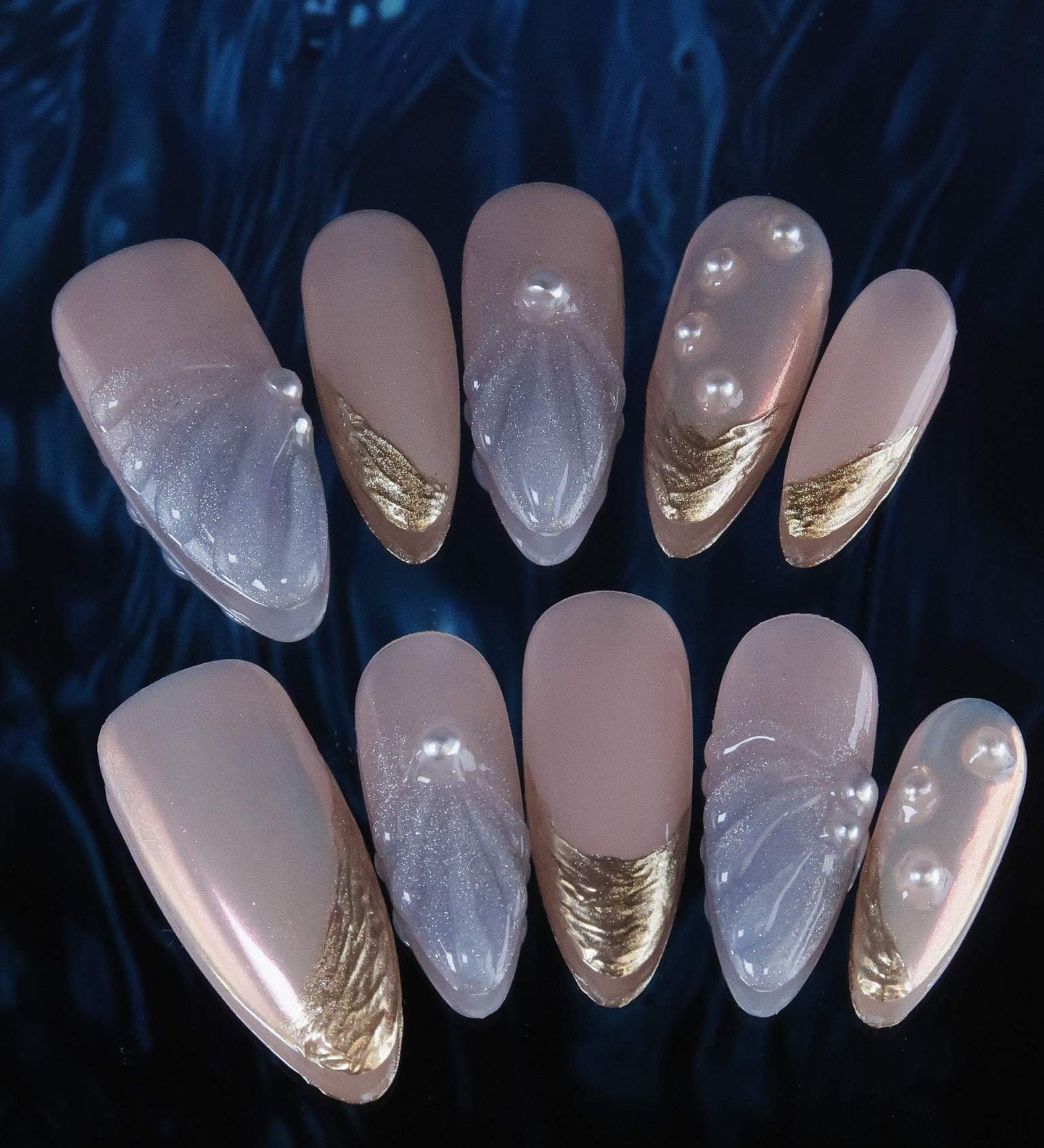 Lazuli Feather - Ersa Nails Pink Blue Yellow Long  Almond PressOnNails