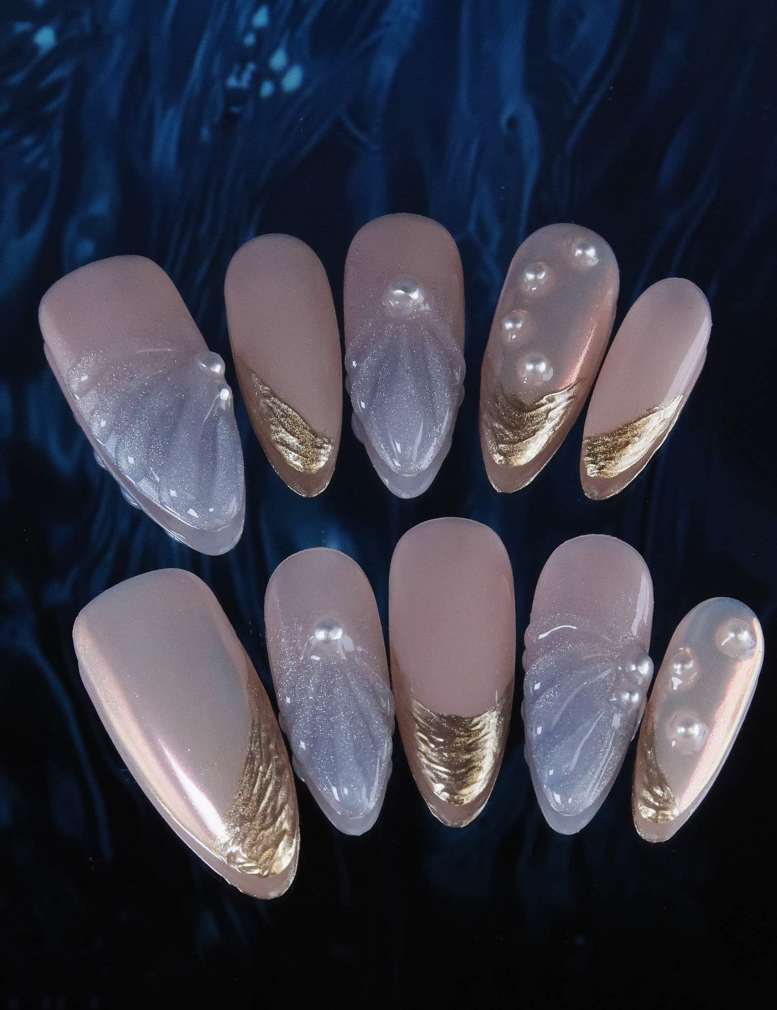 Lazuli Feather - Ersa Nails Pink Blue Yellow Long  Almond PressOnNails