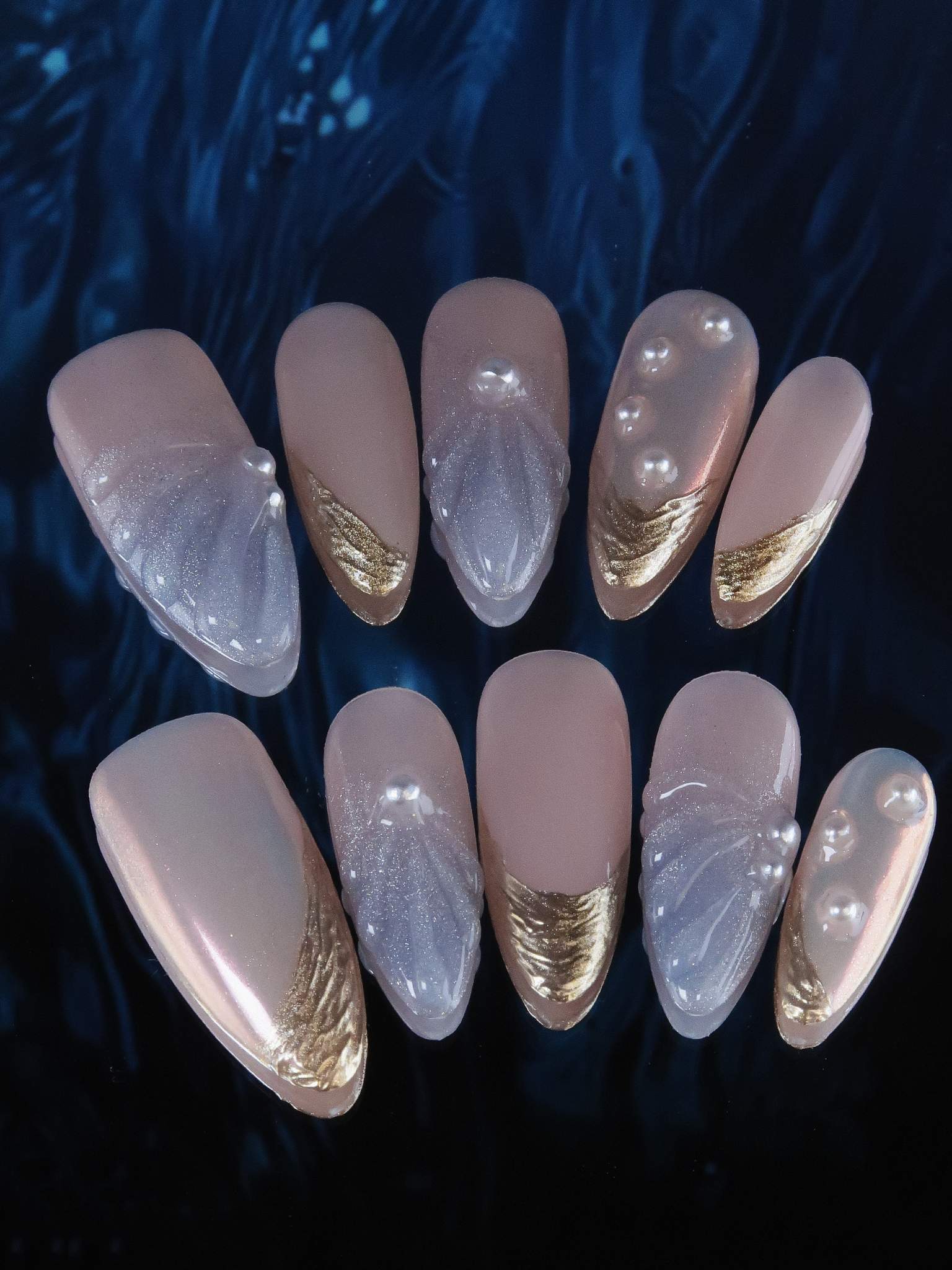 Lazuli Feather - Ersa Nails Pink Blue Yellow Long  Almond PressOnNails