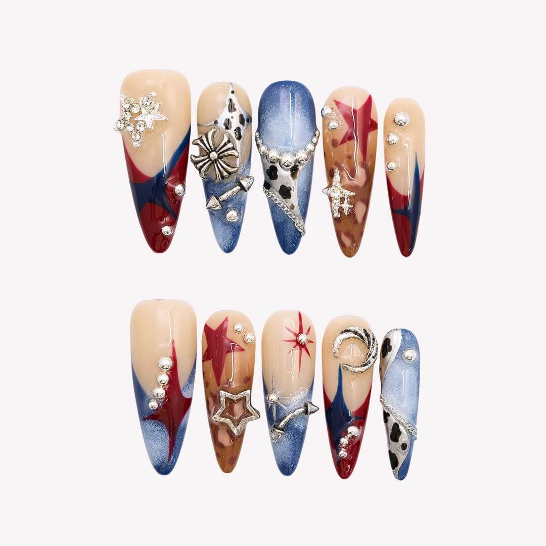 Like A Star - Ersa Nails Nude Blue Red PressOnNails