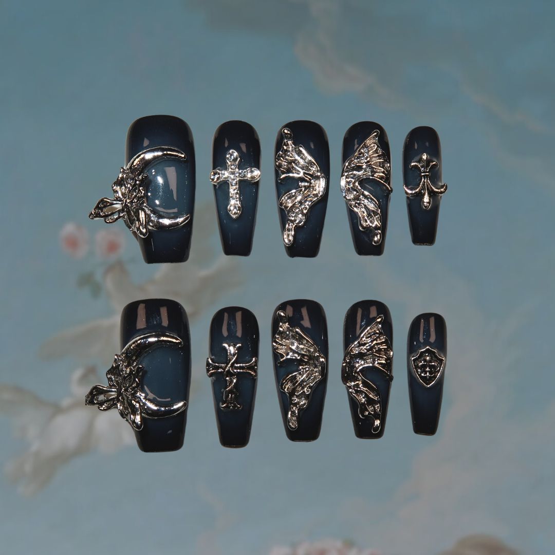 Lunar Fantasies - Ersa Nails Blue Black Mid  Coffin PressOnNails