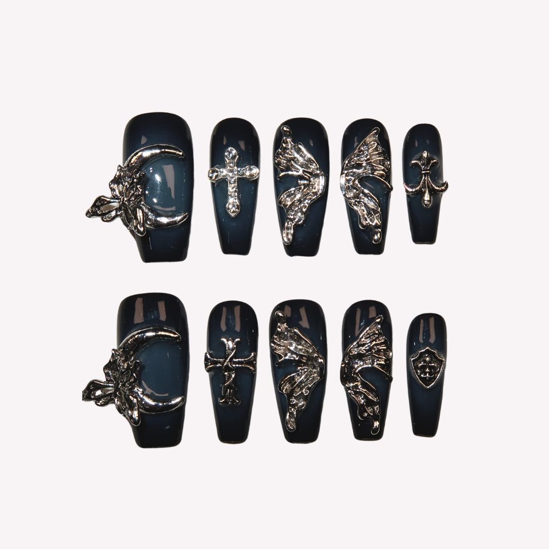 Lunar Fantasies - Ersa Nails Blue Black Mid  Coffin PressOnNails