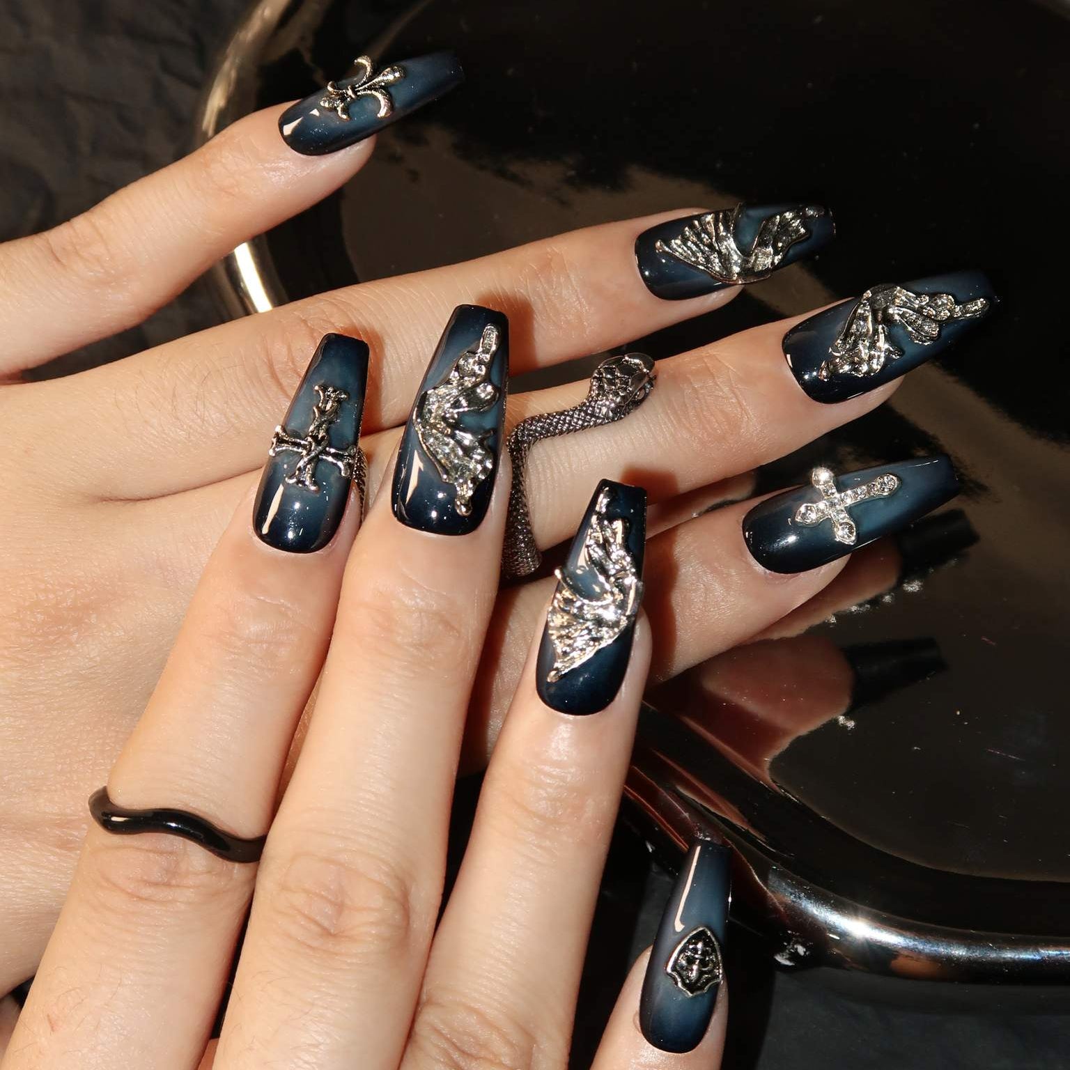 Lunar Fantasies - Ersa Nails Blue Black Mid  Coffin PressOnNails