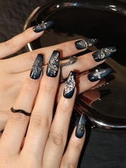 Lunar Fantasies - Ersa Nails Blue Black Mid  Coffin PressOnNails