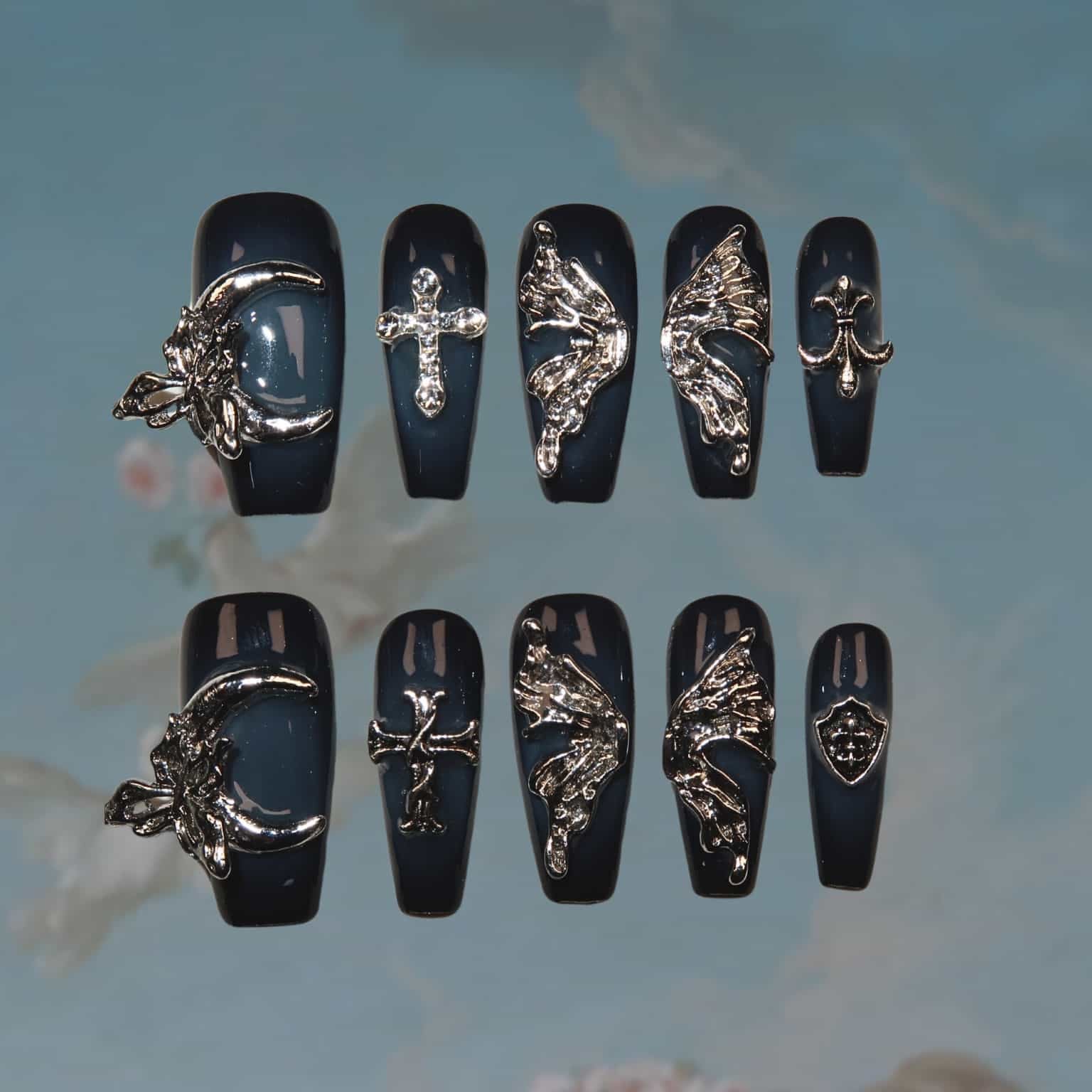 Lunar Fantasies - Ersa Nails Blue Black Mid  Coffin PressOnNails