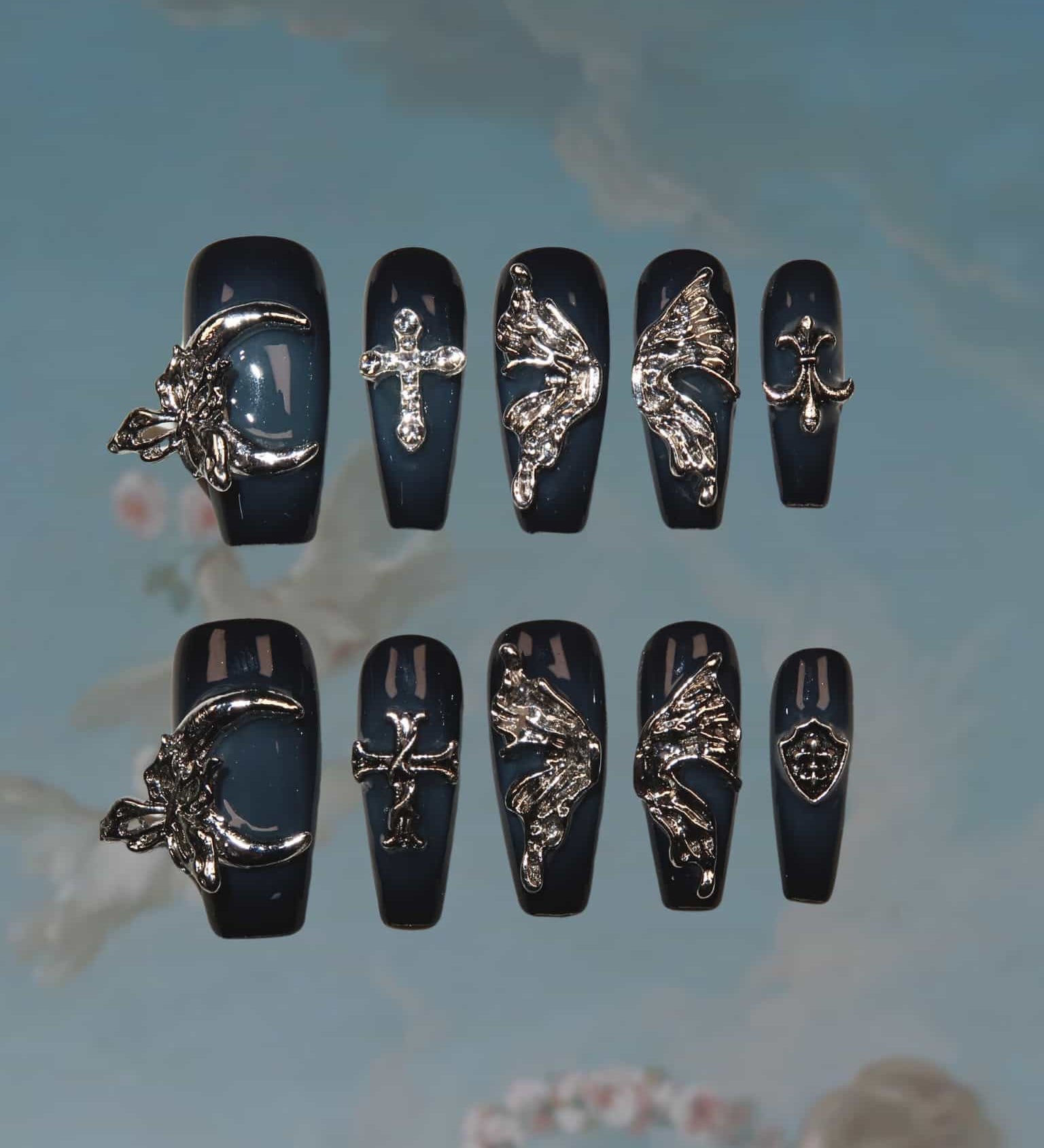 Lunar Fantasies - Ersa Nails Blue Black Mid  Coffin PressOnNails