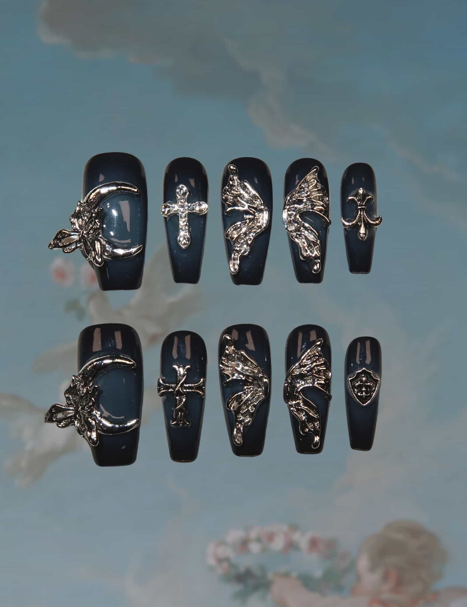 Lunar Fantasies - Ersa Nails Blue Black Mid  Coffin PressOnNails