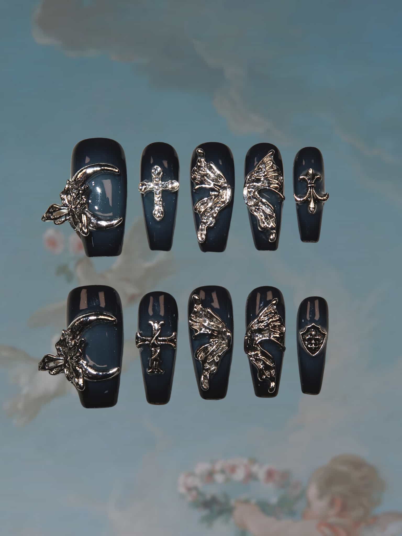 Lunar Fantasies - Ersa Nails Blue Black Mid  Coffin PressOnNails