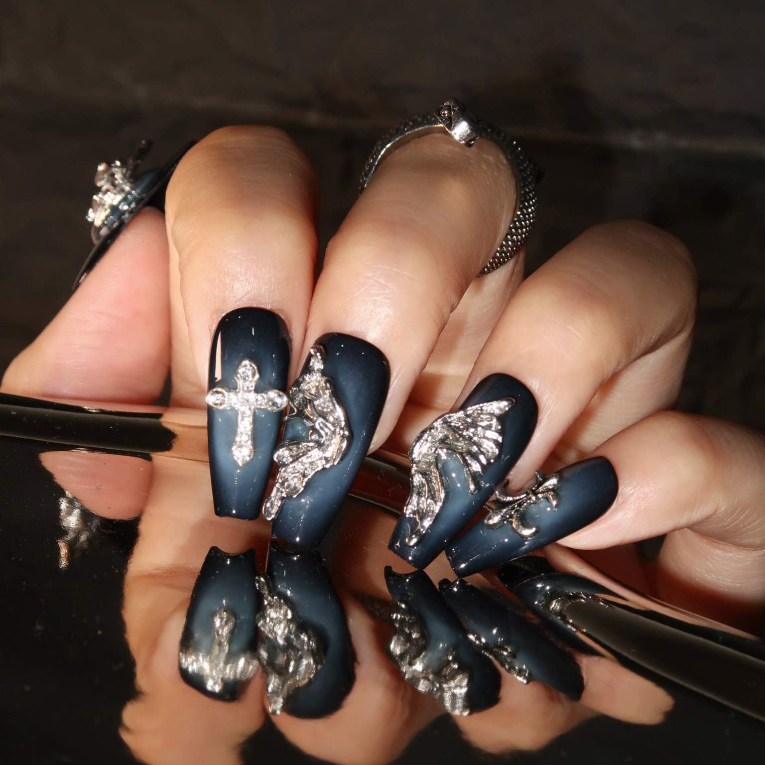 Lunar Fantasies - Ersa Nails Blue Black Mid  Coffin PressOnNails