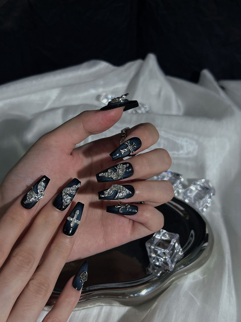 Lunar Fantasies - Ersa Nails Blue Black Mid  Coffin PressOnNails