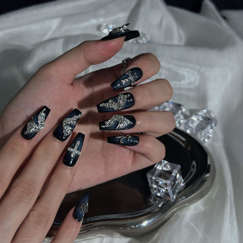 Lunar Fantasies - Ersa Nails Blue Black Mid  Coffin PressOnNails