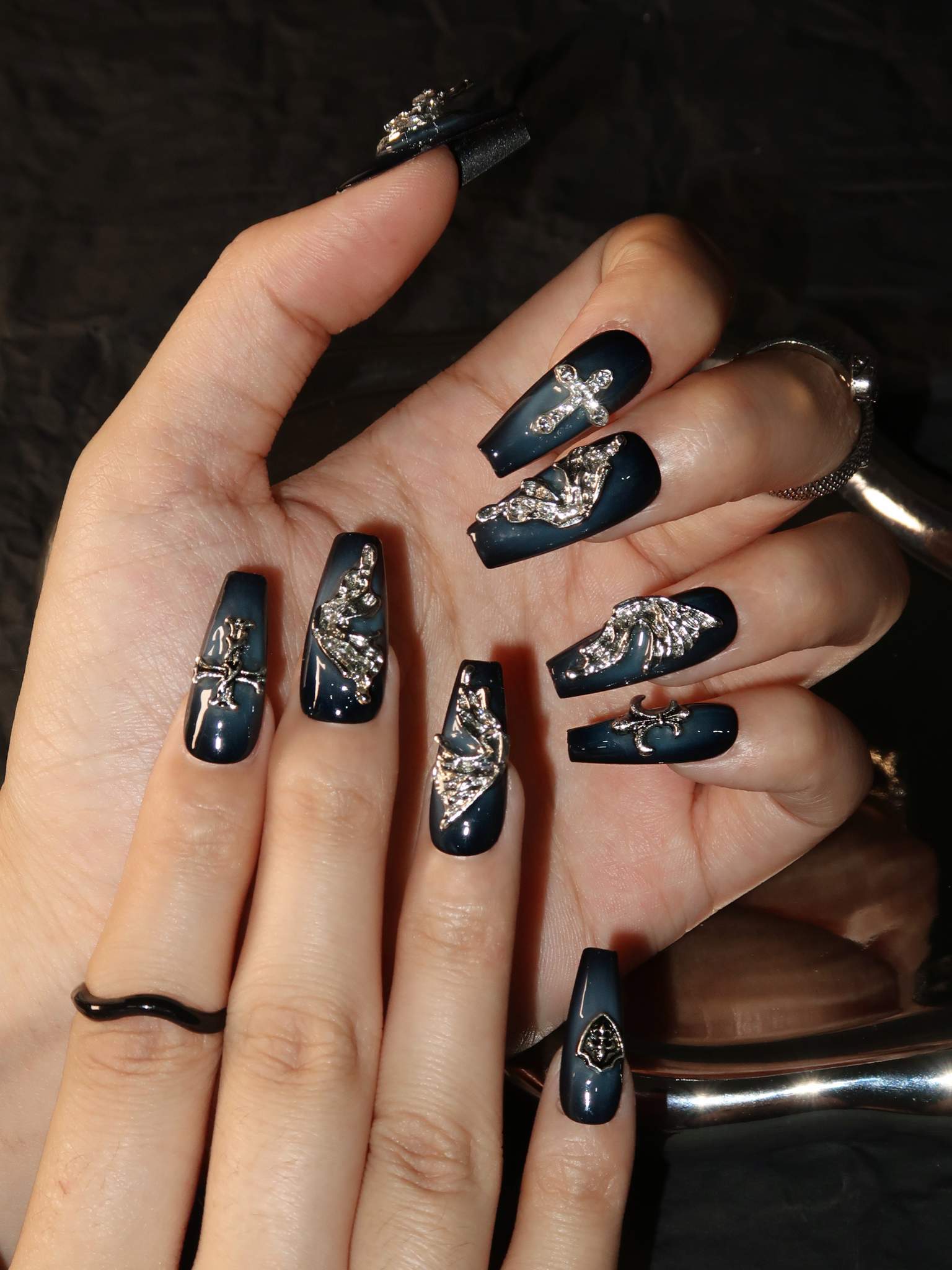 Lunar Fantasies - Ersa Nails Blue Black Mid  Coffin PressOnNails