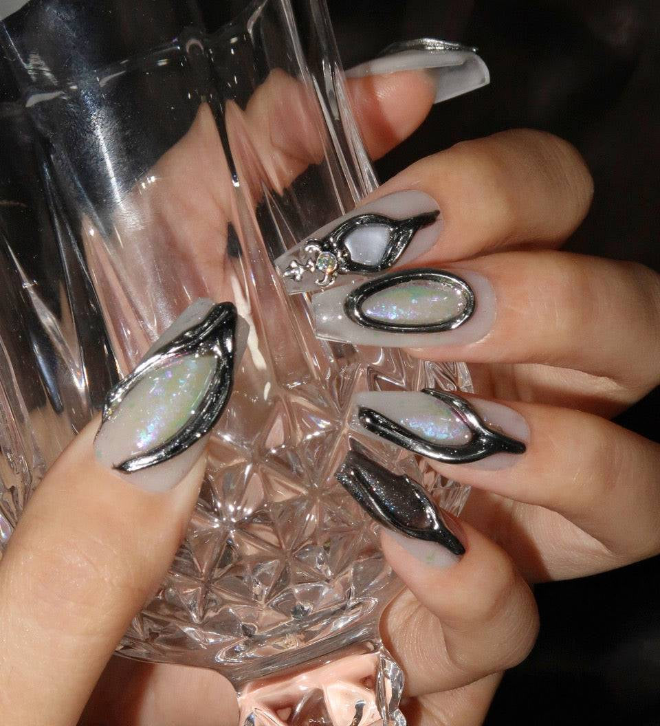 Metallic Mirage - Ersa Nails Metallic Grey Mid  Coffin PressOnNails