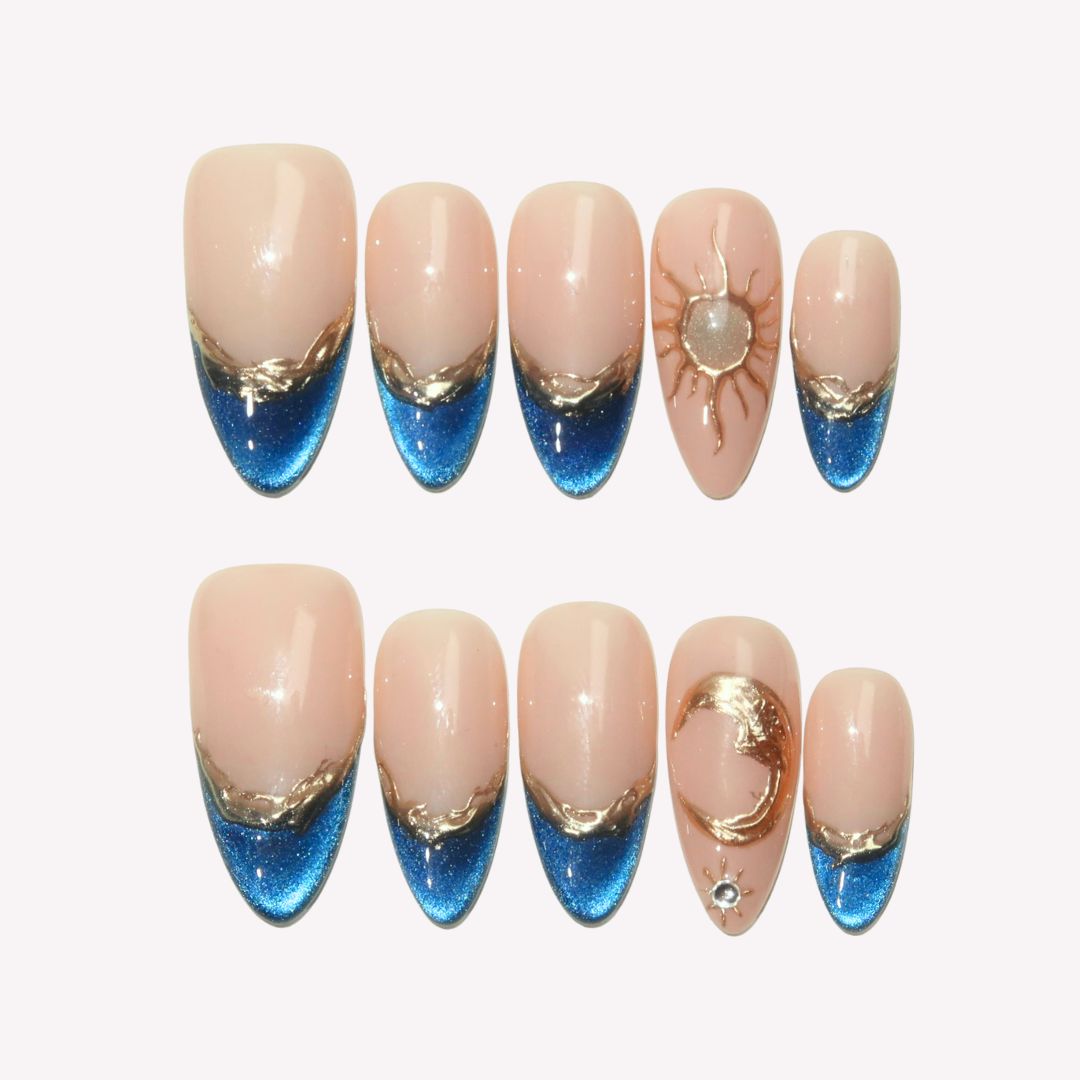 Midnight Serenade - Ersa Nails Nude Blue Gold PressOnNails