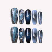 Midnight Swirl - Ersa Nails Black Blue Mid Coffin PressOnNails