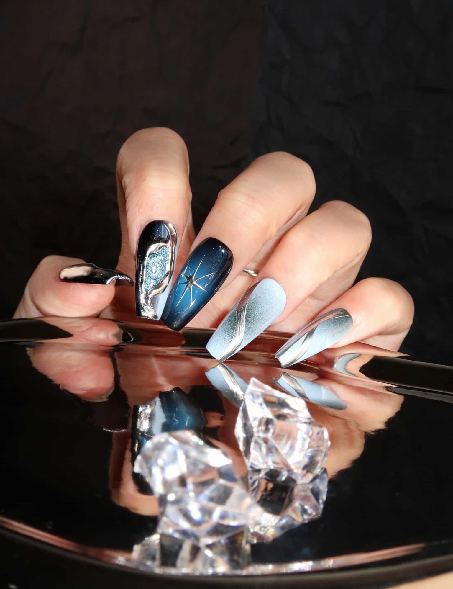 Midnight Swirl - Ersa Nails Black Blue Mid Coffin PressOnNails