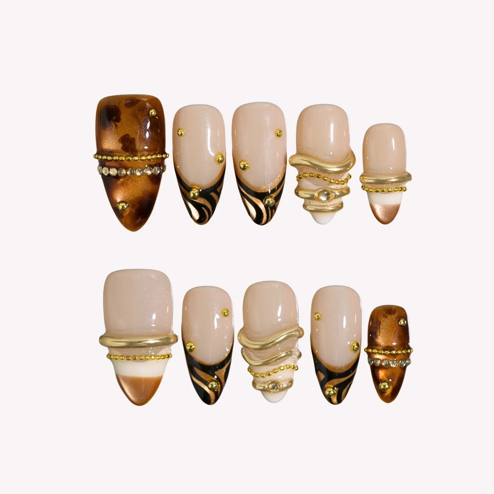 Modern Glam - Ersa Nails Nude Gold Brown Medium Almond PressOnNails