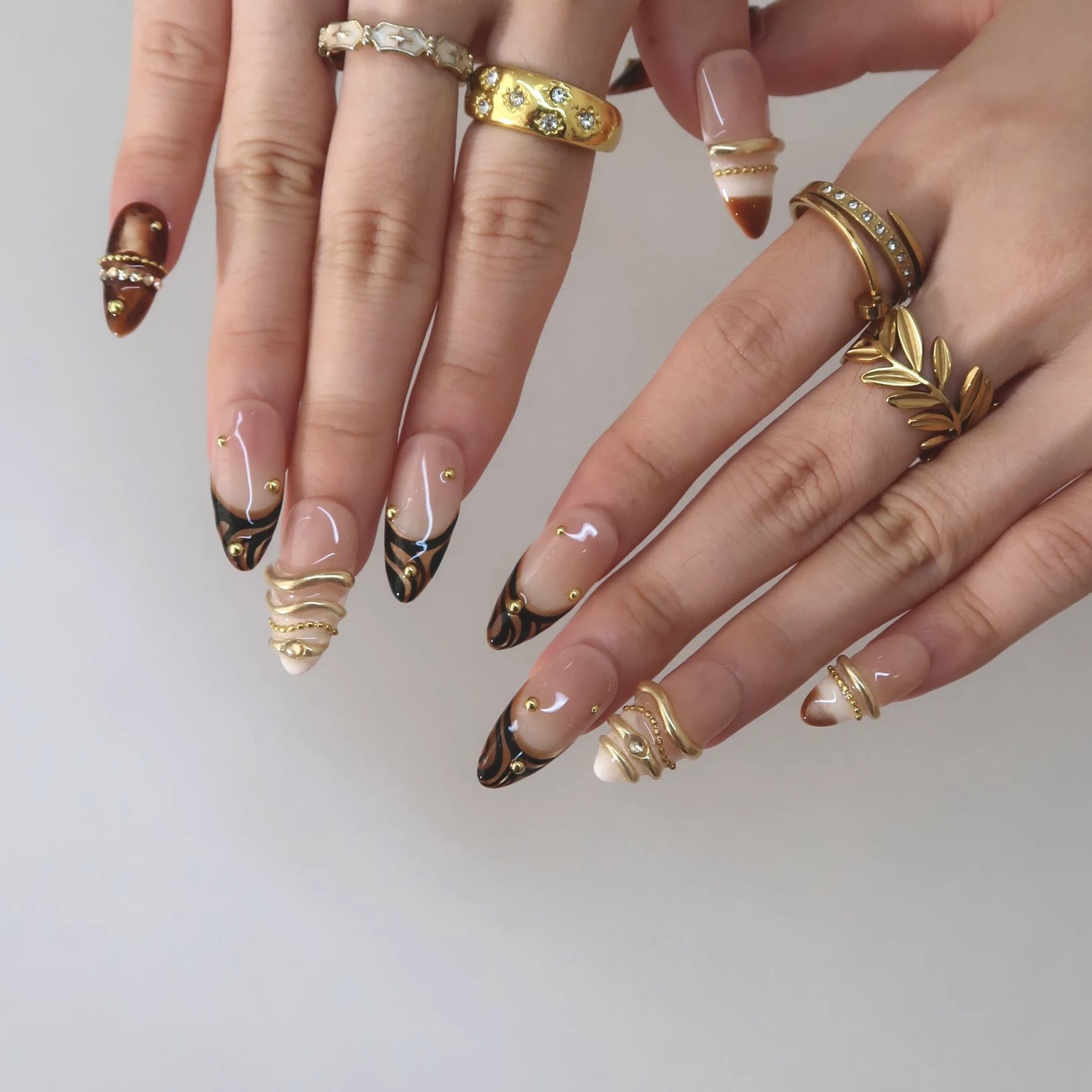 Modern Glam - Ersa Nails Nude Gold Brown Medium Almond PressOnNails